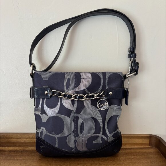 Coach Moto Optic Metallic Navy Signature Patent Leather Chain Duffle Shoulder - Picture 5 of 10